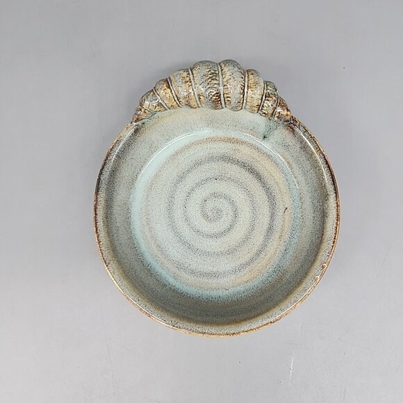Art Pottery Soap Trinket Dish Shell Swirl Decor On Edge Blue Brown 5" - Picture 2 of 5